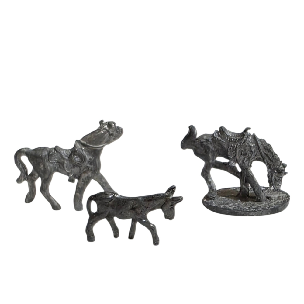 3 Early Mid-century Miniature Metal Donkey And 2 Horses